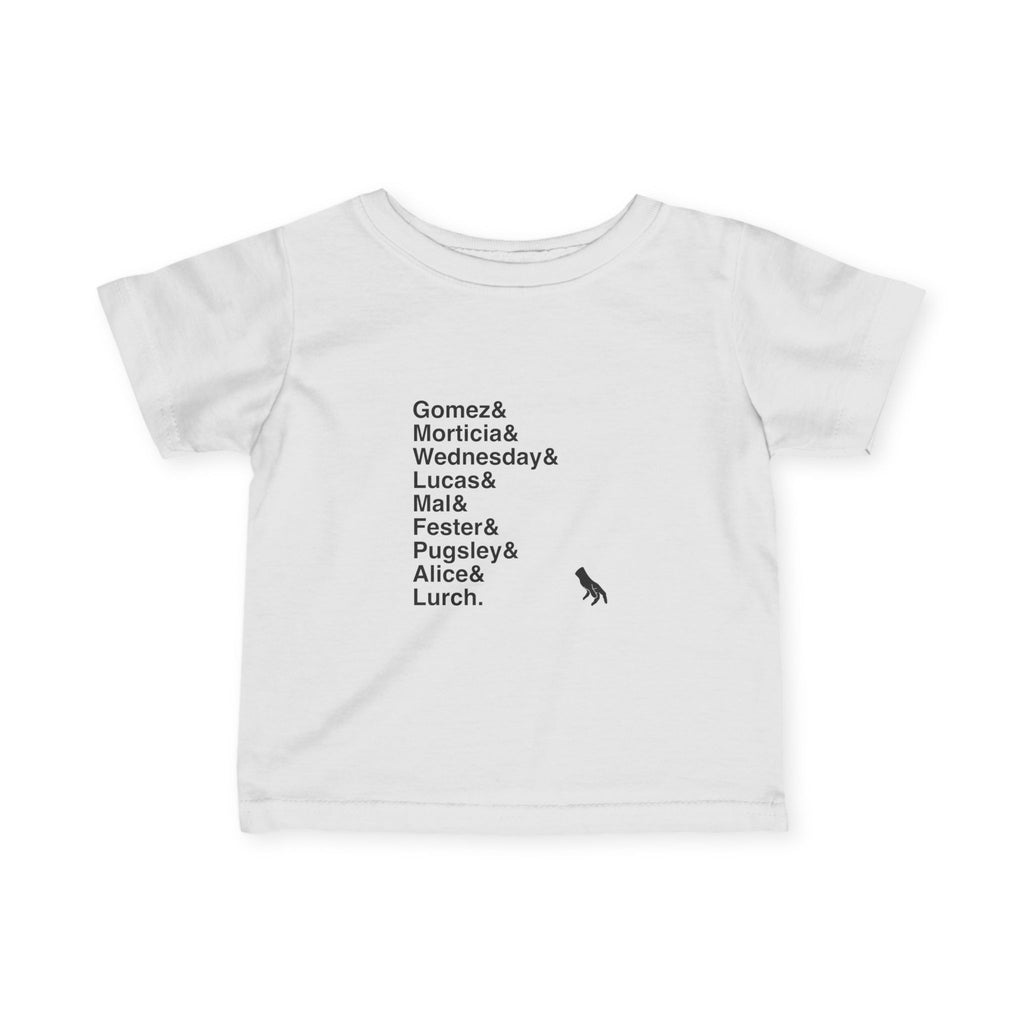The Addams Family Musical Infant Fine Jersey Tee - Names List Tee | Broadway Gift, Wednesday, Morticia, Gomez, Theatre Fan Apparel