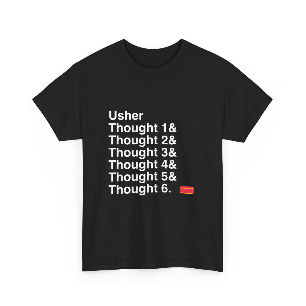 A Strange Loop T-Shirt featuring Usher and The Thoughts names list design. Broadway Musical Fan Apparel.